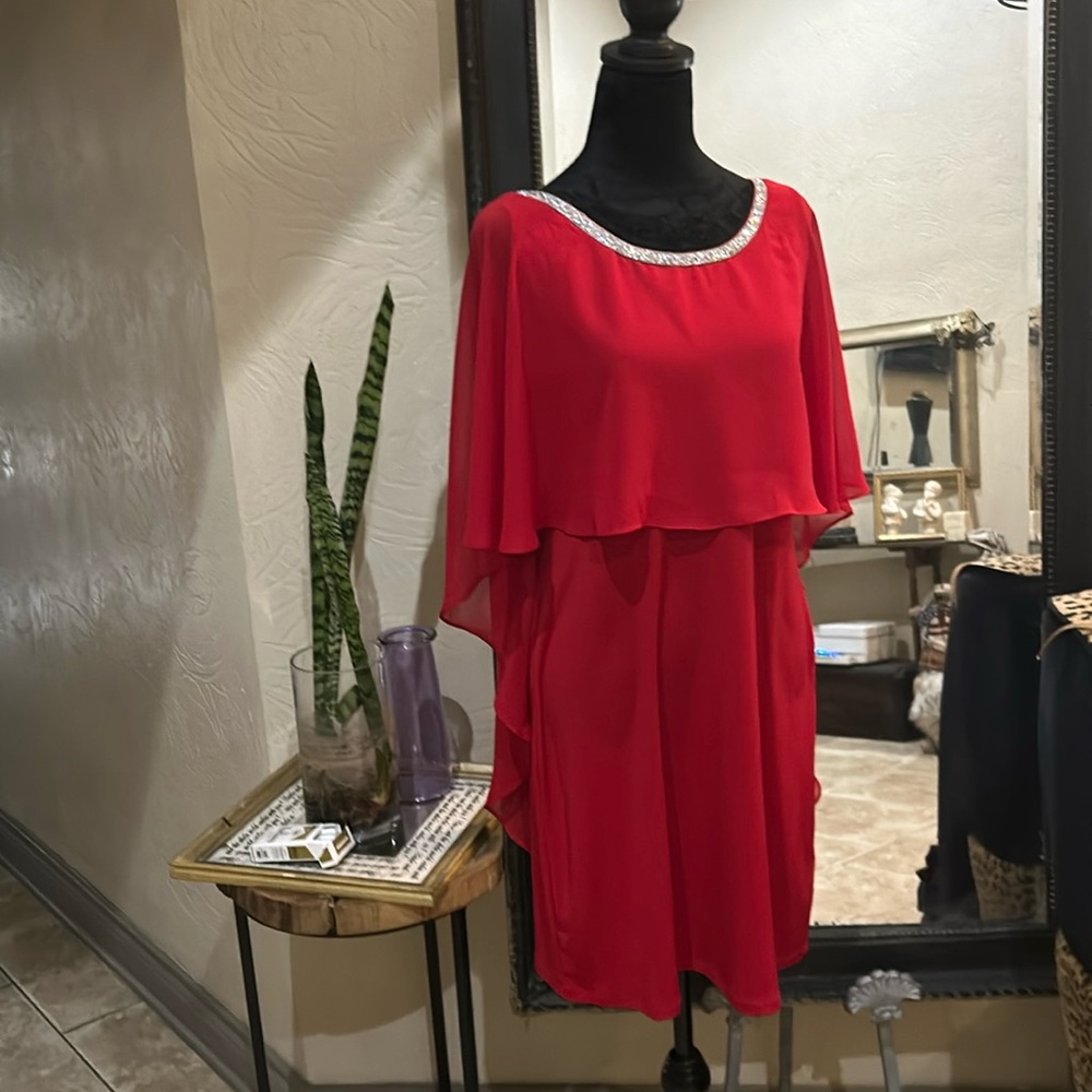 Red holiday party dress. Very stretchy material and comfortable fit